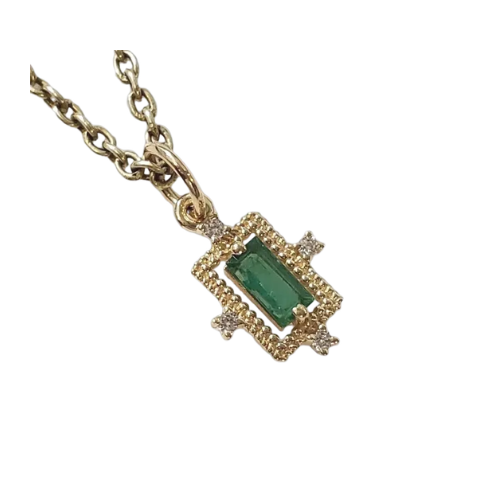 14K Solid Gold Natural Baguette Emerald & Diamond Pendant