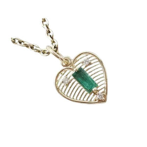 14K Solid Gold Heart Natural Baguette Emerald & Diamond Pendant