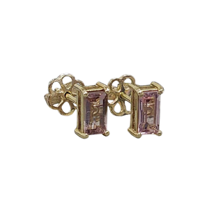 Pink Tourmaline Baguette Studs: 14k Gold Art Deco Earrings