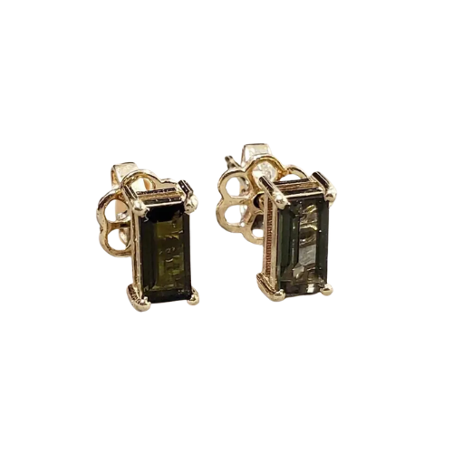 Handmade 14k Gold Green Baguette Tourmaline Stud Earrings