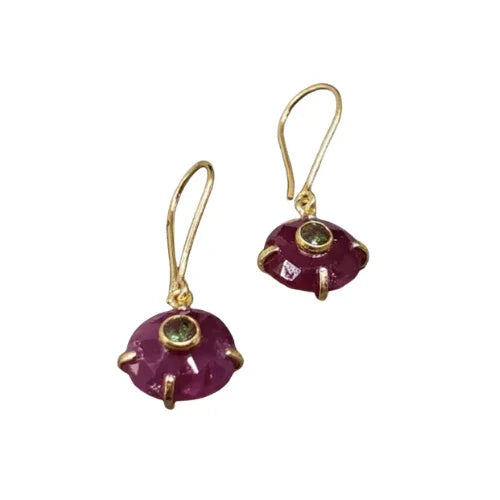 Rose Cut Ruby Dangle Earrings: 14k Gold & Tsavorite