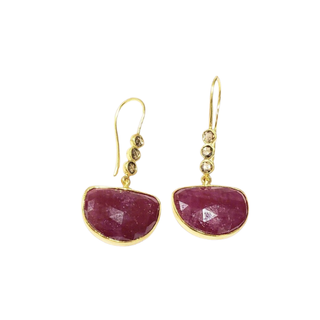 14k Yellow Gold Ruby Dangle Earrings: Rose Cut Diamond Jewelry