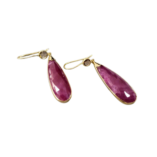 Handmade 14k Gold Dangle Earrings: Rose Cut Ruby & Diamond Jewelry