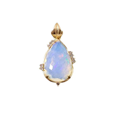 14k Gold Ethiopian Fire Opal Pendant : Diamond Cluster Setting