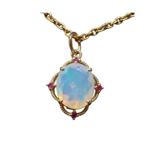 14k Gold Multi Flash Ethiopian Opal & Ruby Pendant : Classic Design