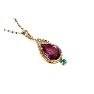 14K Gold Pink Tourmaline Pendant with Emerald : Heirloom Jewelry