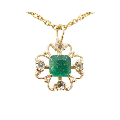 14K Gold Natural Zambian Emerald Pendant, Brown Rose Cut Diamonds