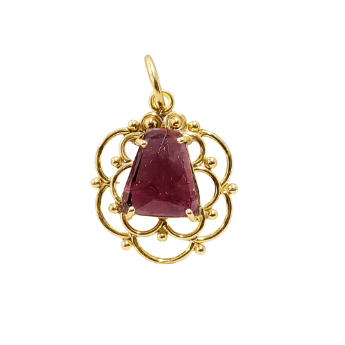 Classic 14K Gold Pink Tourmaline Filigree Pendant