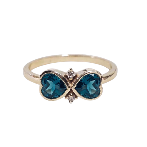 14K Gold London Blue Topaz Ring, Couple Heart Gemstone Ring