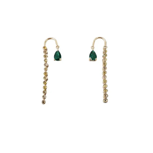 Natural Emerald & Diamond 14k Gold Earrings, Dainty Threader Drop Earrings
