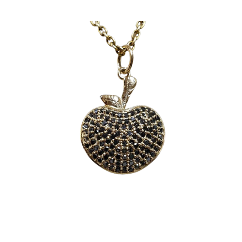 14k Gold Black Diamond Pendant, Apple Shape Pendant, Pave Set