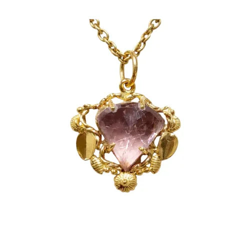 Natural Pink Tourmaline 14k Gold Pendant, Heirloom Jewelry, Vintage style