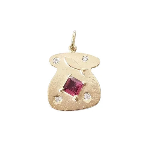 14K Solid Gold Rubellite & Diamond Pendant | Matte Finish
