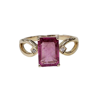 Baguette Pink Tourmaline and Brilliant Cut Diamond 14k Gold Ring