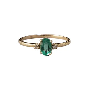 Handmade 14k Gold Oval Emerald Ring, Diamond Accent
