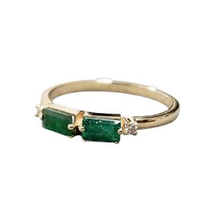 Dainty 14k Gold Baguette Emerald & Diamond Stackable Ring
