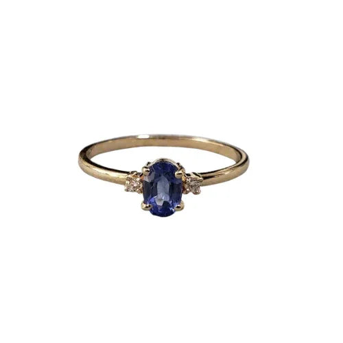 Blue Sapphire Diamond 14k Gold Ring: Thin Band Gemstone Jewelry