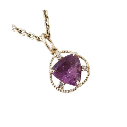 14k Gold Purple Tourmaline Trillion Pendant with Diamond Accents