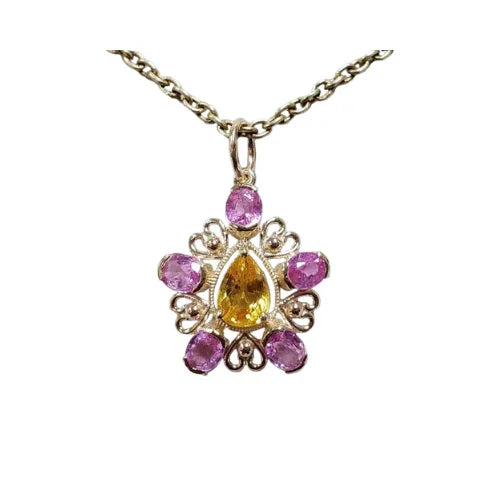 Natural Pink & Yellow Sapphire Pendant in 14k Gold