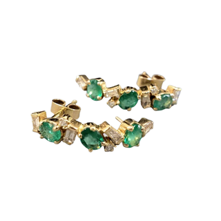 18k Gold Emerald & Baguette Diamond Stud Earrings
