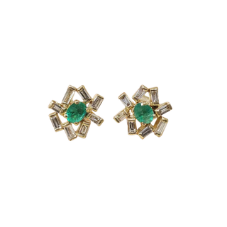 18k Gold Zambian Emerald Earrings with Baguette Diamonds