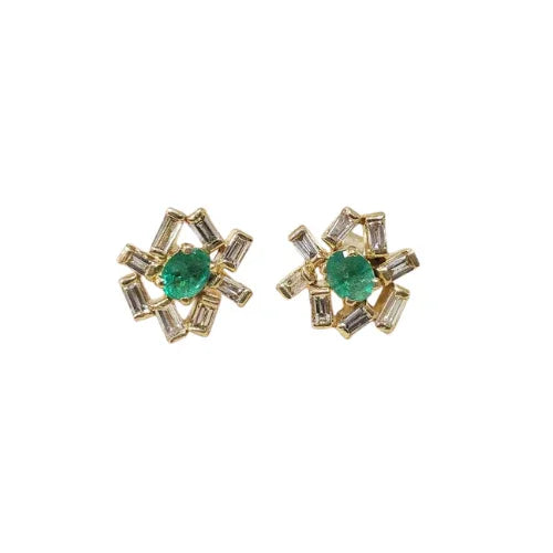 18k Gold Zambian Emerald Earrings with Baguette Diamonds