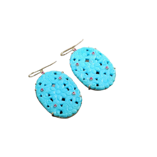 14k Gold Sleeping Beauty Turquoise Earrings: Hand Craved Gemstone, Ruby Accent