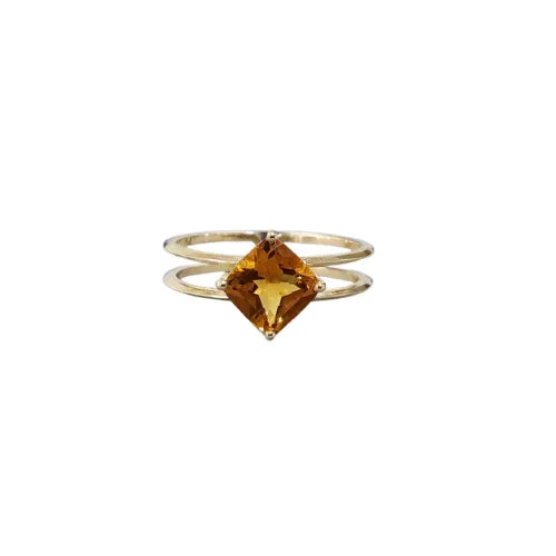 7mm Cushion Citrine 14k Gold Ring: Double Band Prong Setting