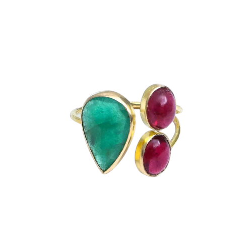 18k Gold Ring: Emerald and Ruby Gemstone Jewelry