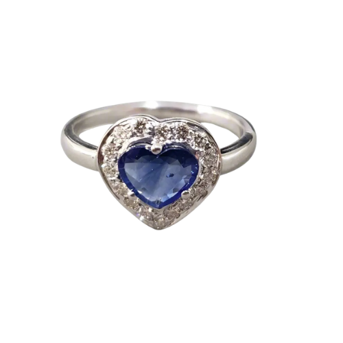 Heart Blue Sapphire Diamond 18k White Gold Engagement Ring