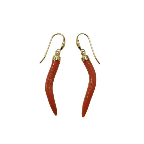 14k Gold Red Coral Earrings • Natural Coral Horn Dangles