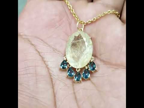 Golden Rich Rutile With London Blue Topaz 14k Gold Pendant