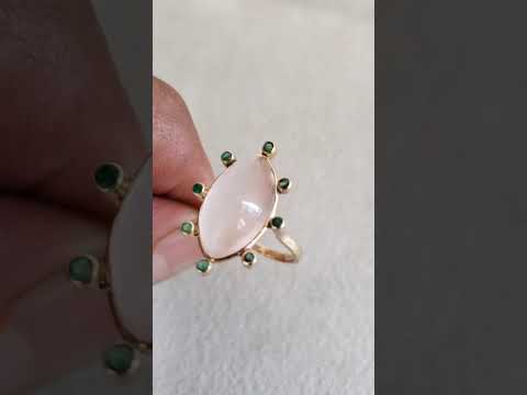 Milky Rose Quartz Emerald 14k Ring, Marquise Cabochon