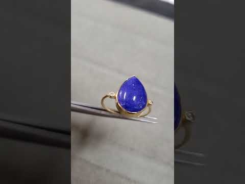 14k Gold Pear Shape Lapis & Diamond Ring