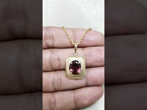 Natural Reddish Pink Tourmaline and Diamond 14k Gold Pendant