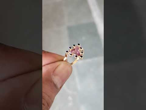 Triangle Pink Tourmaline with Blue Sapphire 14k Gold Ring