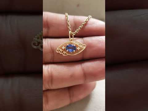 14K Gold Blue Sapphire Diamond Pendant,Evil Eye