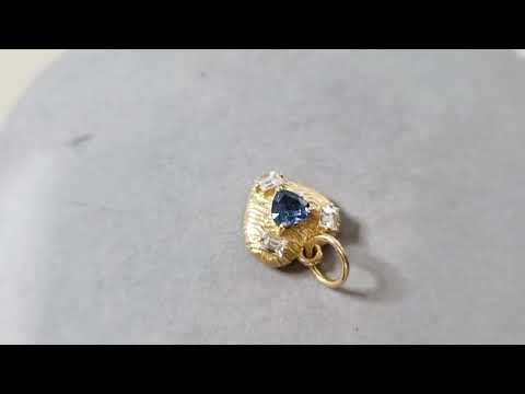 14K Textured Gold Heart Blue Sapphire & Baguette Diamond Pendant