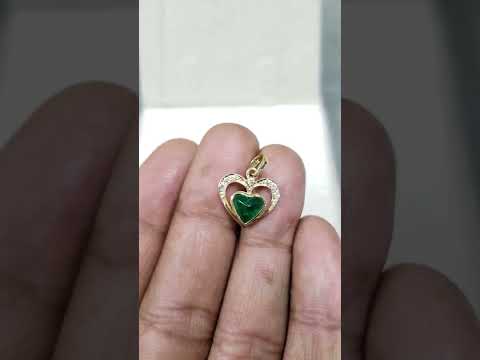 14k Gold Heart Carving Emerald & Diamond Pendant