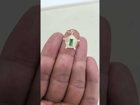 14K Solid Gold Natural Baguette Emerald & Diamond Starburst Pendant