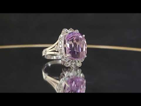 14k White Gold Pink Kunzite Ring: Diamond Art Deco Statement Ring