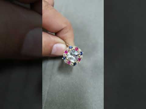 14k Gold Cushion Aquamarine With Ruby, Blue Sapphire and Diamond Ring