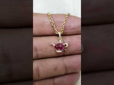 14k Solid Gold Pink Tourmaline and Diamond Pendant