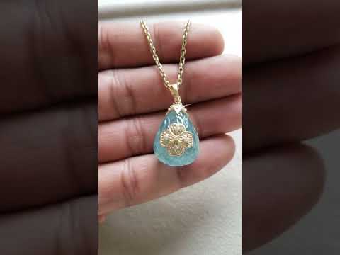 14K Solid Gold Aquamarine Carving with Diamond Pear Pendant