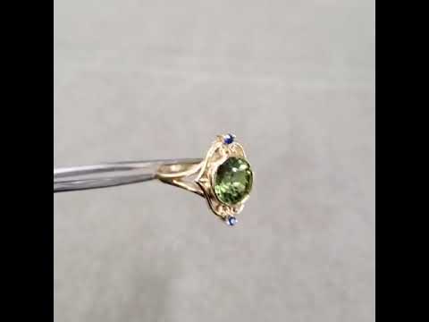 14k Gold Oval Green Tourmaline With Blue Sapphire Ring