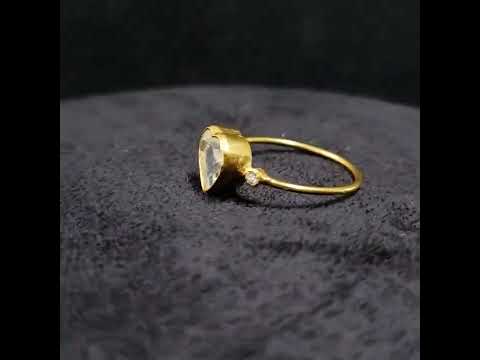 18k Gold Rainbow Moonstone and Diamond Ring Heart shape