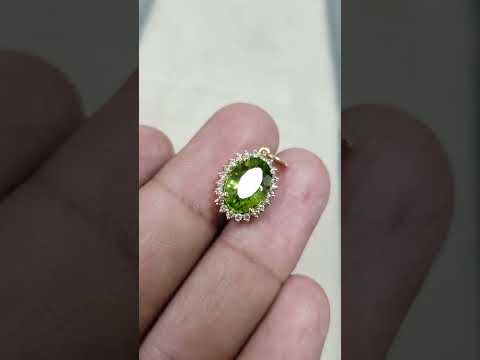 Rare Oval Green Peridot with Brilliant Cut Diamond 14k Gold Pendant