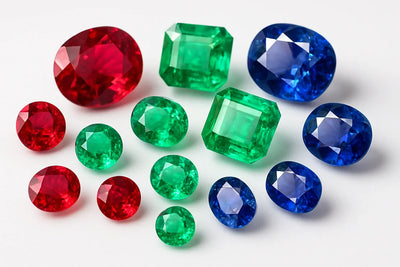 rubies emeralds sapphires on white background