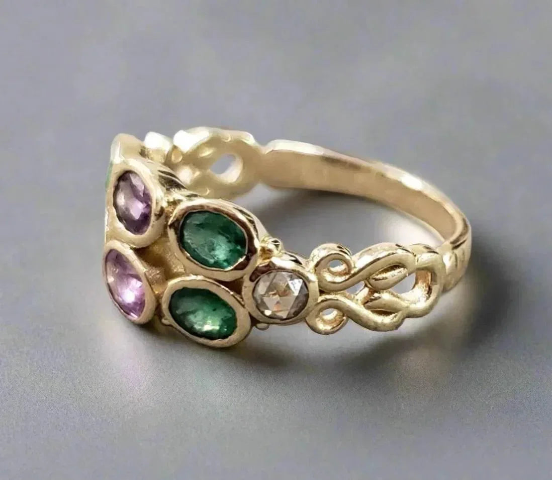 Handmade 14k Gold Emerald Sapphire Diamond Ring - K Jewelry Accessories