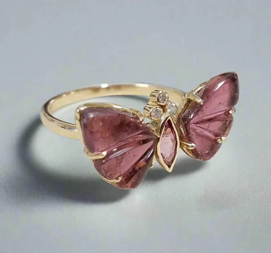 Natura Tourmaline and Diamonds 14k Gold Pink Butterfly Ring - K Jewelry Accessories